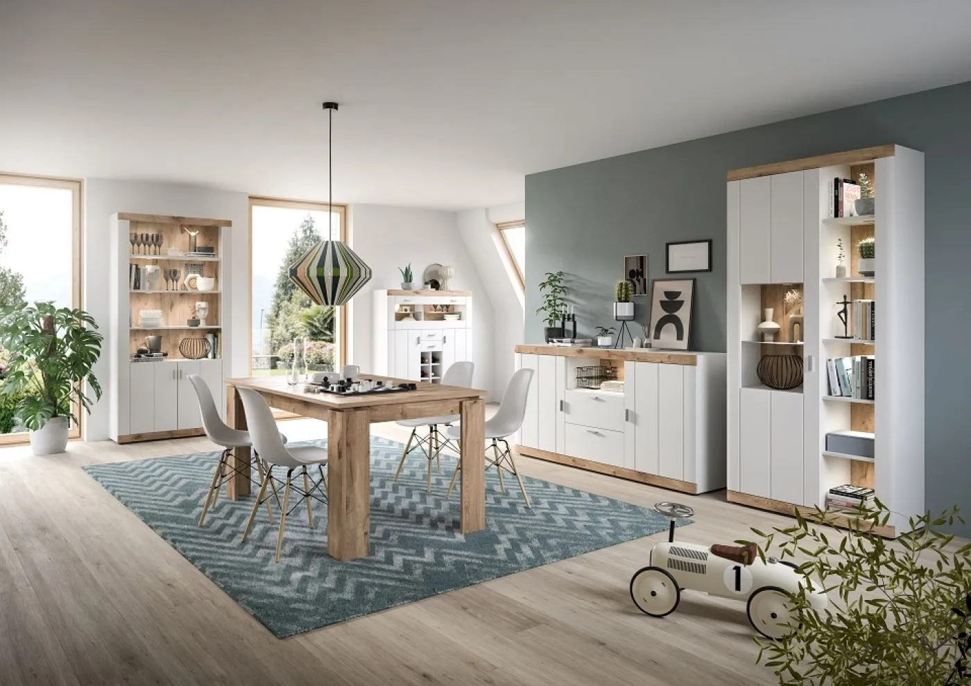 Vitrine Laredo | weiß / Nox Oak | LED Beleuchtung mit 2er Set LED Glasbodenclips