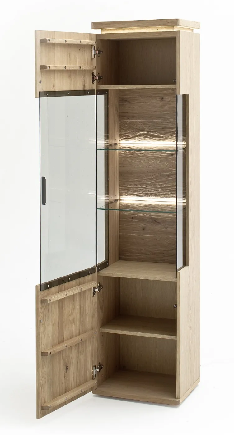 Vitrine links Barcelona | Balkeneiche Bianco / Eiche Bianco | inkl. LED Beleuchtung mit 2er Set LED Rückwandbeleuchtung