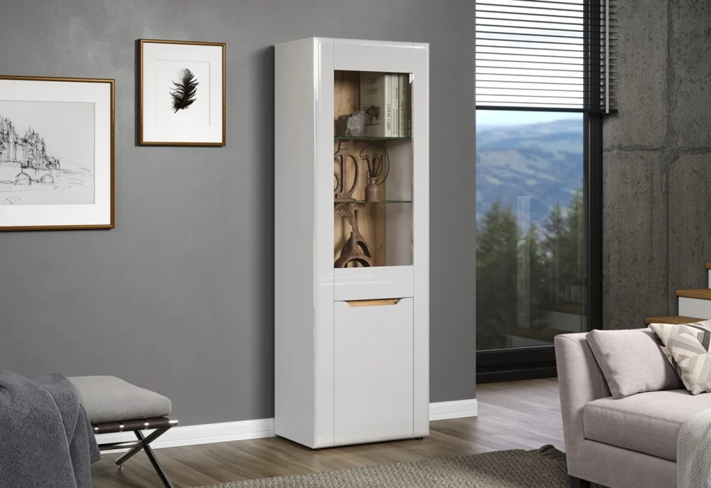 Vitrine Marlon | weiß Hochglanz / Evoke Eiche Komplettset