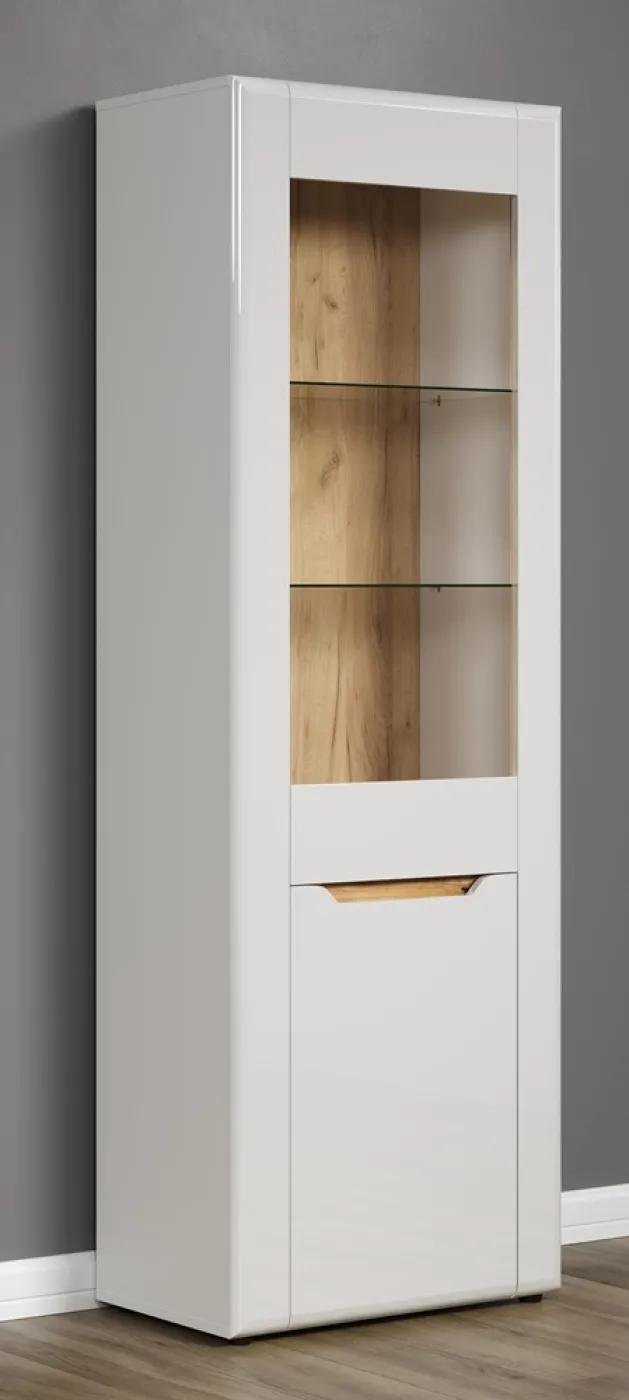 Vitrine Marlon | weiß Hochglanz / Evoke Eiche mit 1er Set LED Unterbauspot