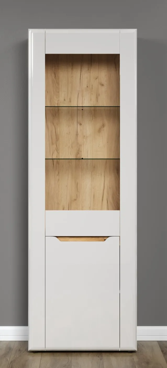Vitrine Marlon | weiß Hochglanz / Evoke Eiche mit 1er Set LED Unterbauspot