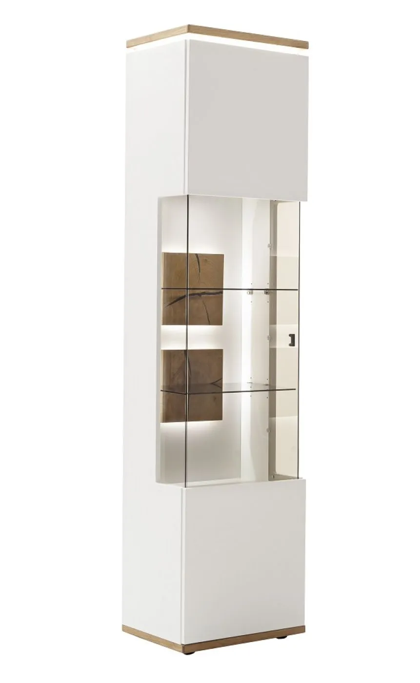 Vitrine Matadi | Soft white / Ast-Balkeneiche | mit LED Unterbauspot