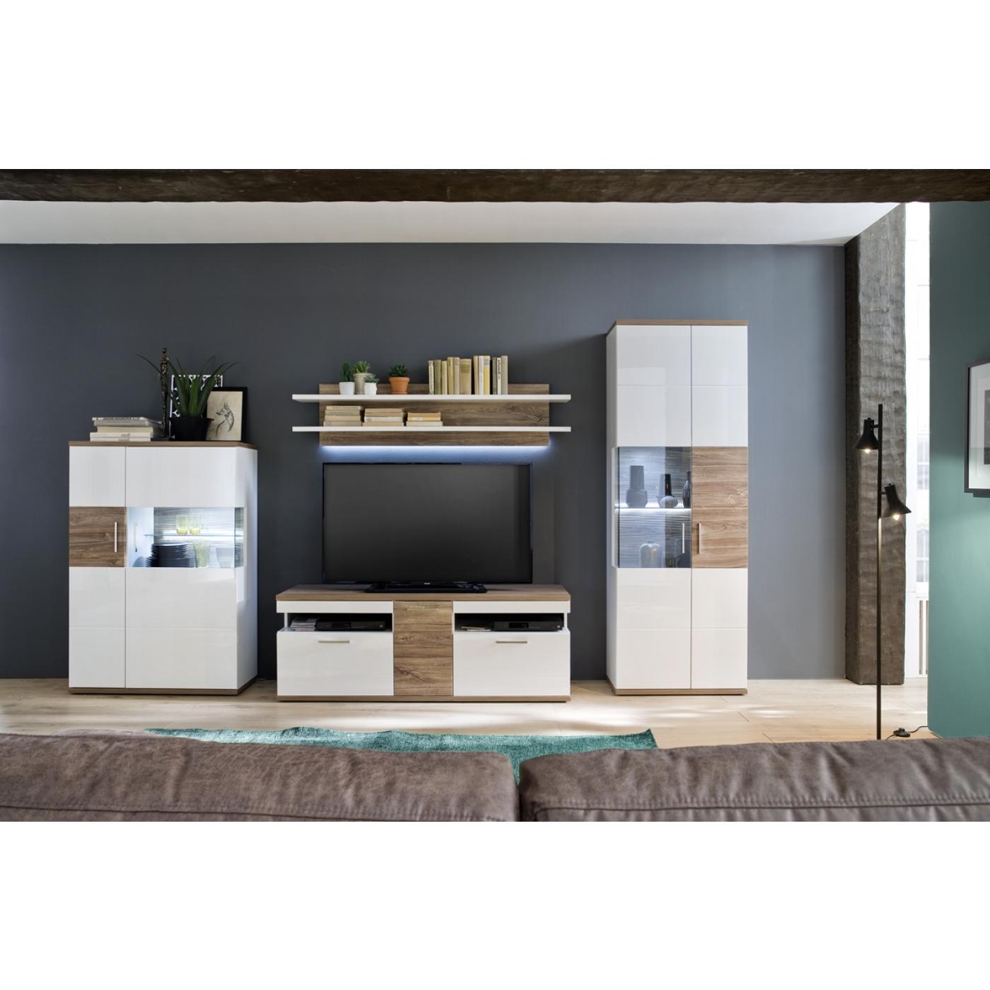 Vitrine (R) Luzern | weiß Hochglanz / Sterling Oak | LED Beleuchtung