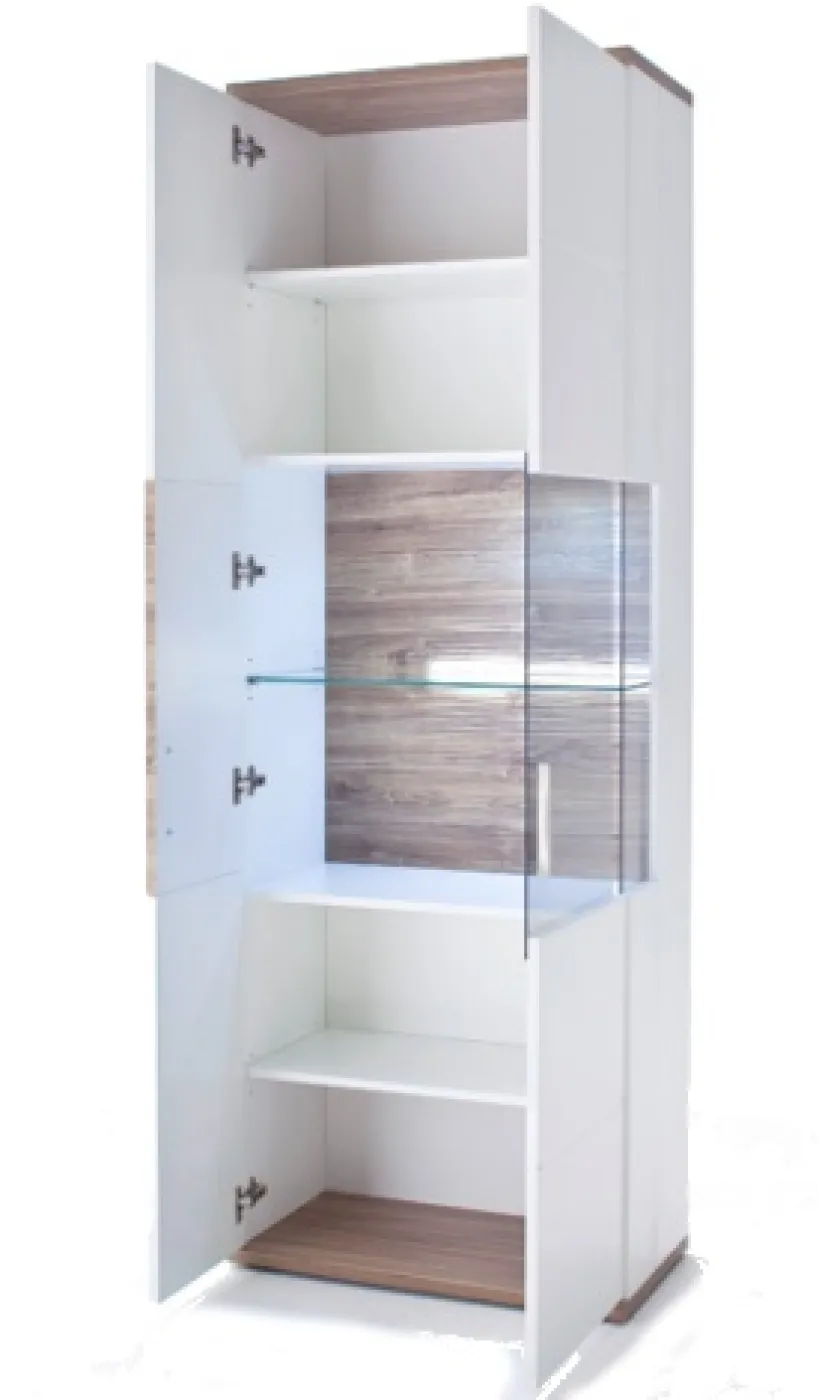 Vitrine (R) Luzern | weiß Hochglanz / Sterling Oak | mit 1er Set LED Rückwandbeleuchtung