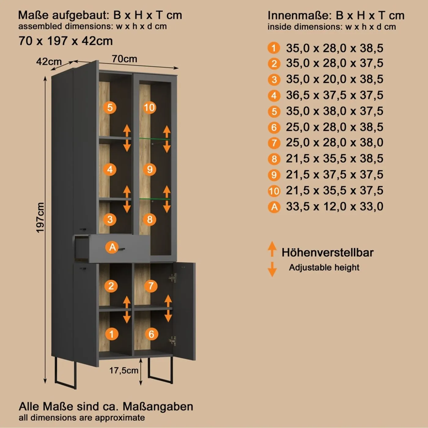 Vitrine Vitrinenschrank Bellugi, Anthrazit Dekor – Ansicht 5