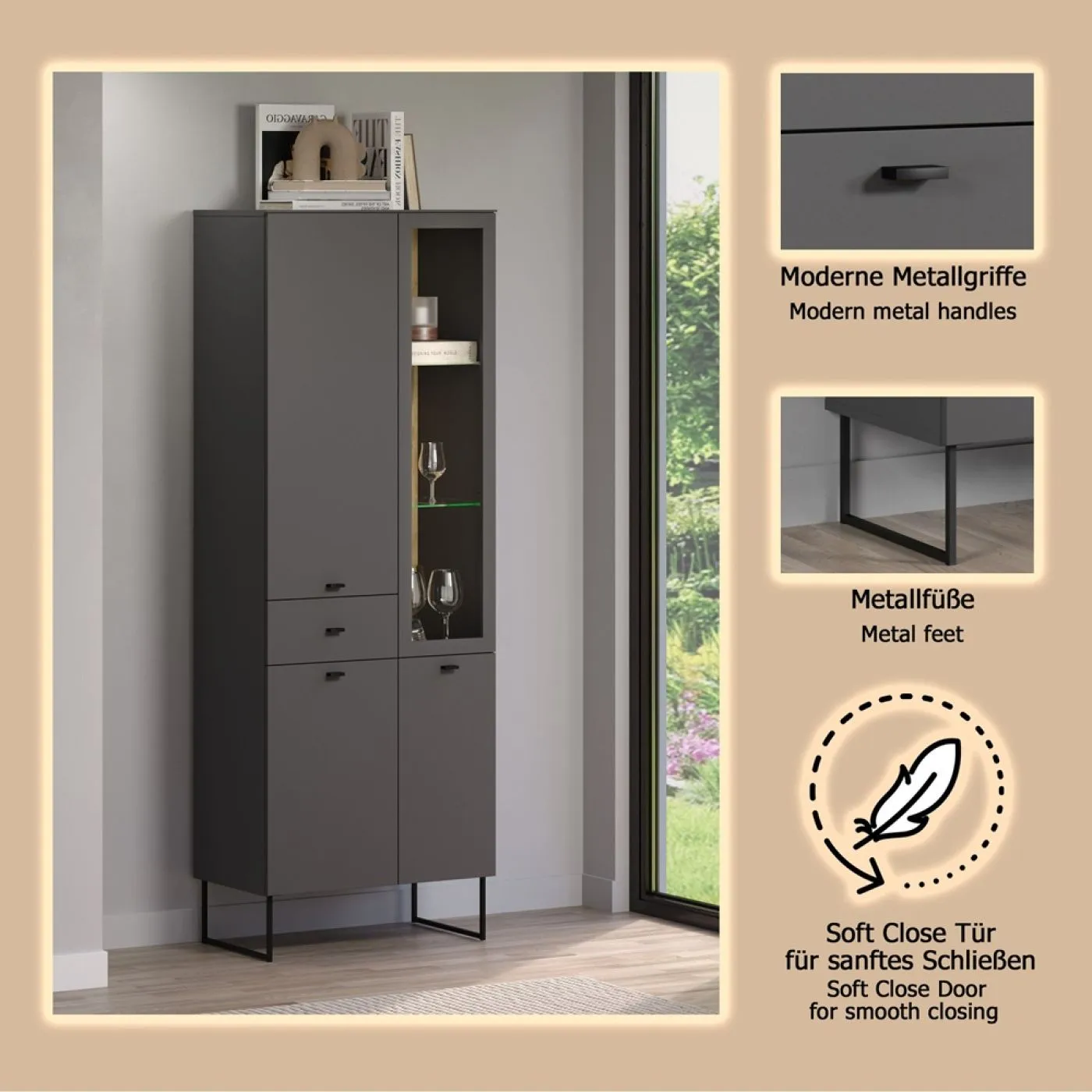 Vitrine Vitrinenschrank Bellugi, Anthrazit Dekor – Ansicht 6