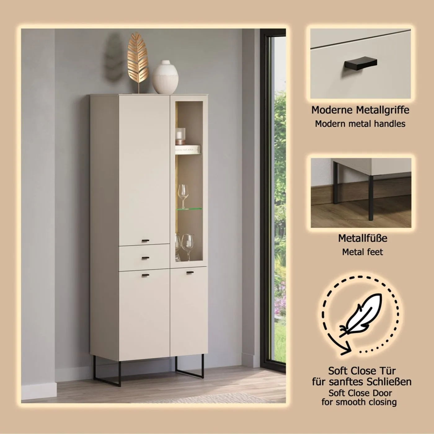 Vitrine Vitrinenschrank Bellugi, Cashmere Dekor – Ansicht 5