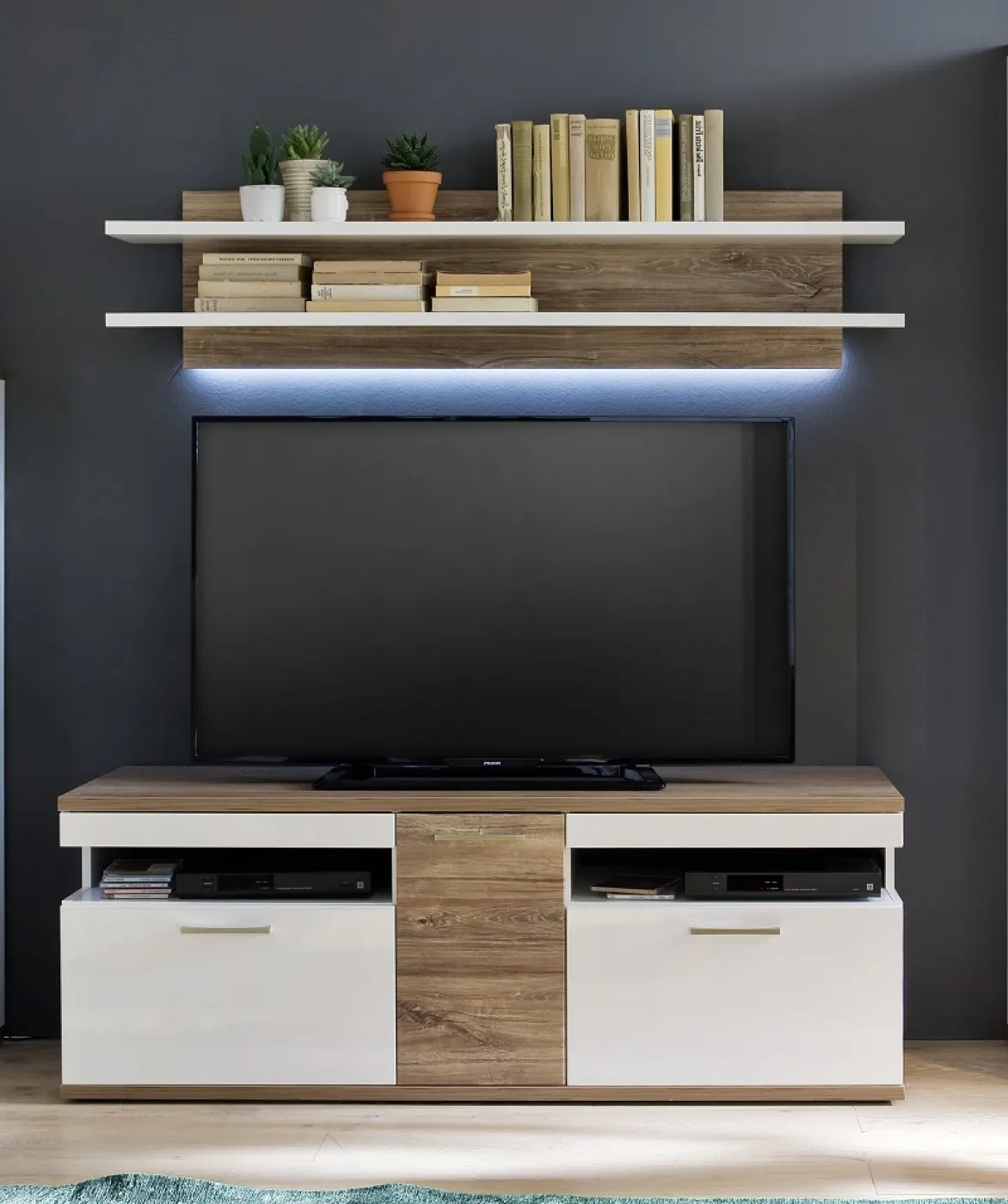 Wandboard Luzern | weiß Hochglanz / Sterling Oak | LED Beleuchtung mit LED Bandbeleuchtung