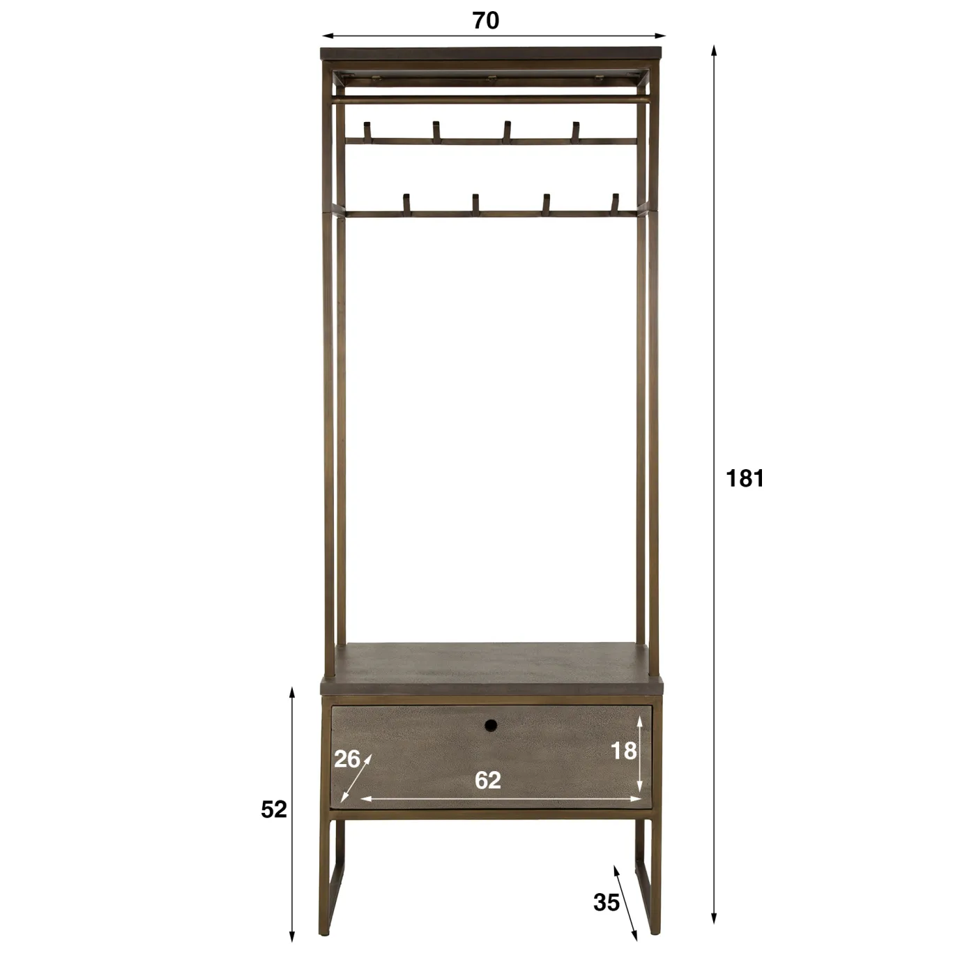 Wandgarderobe Du-Vin | 8 Haken | mit Schublade | Ferro | Antike bronze