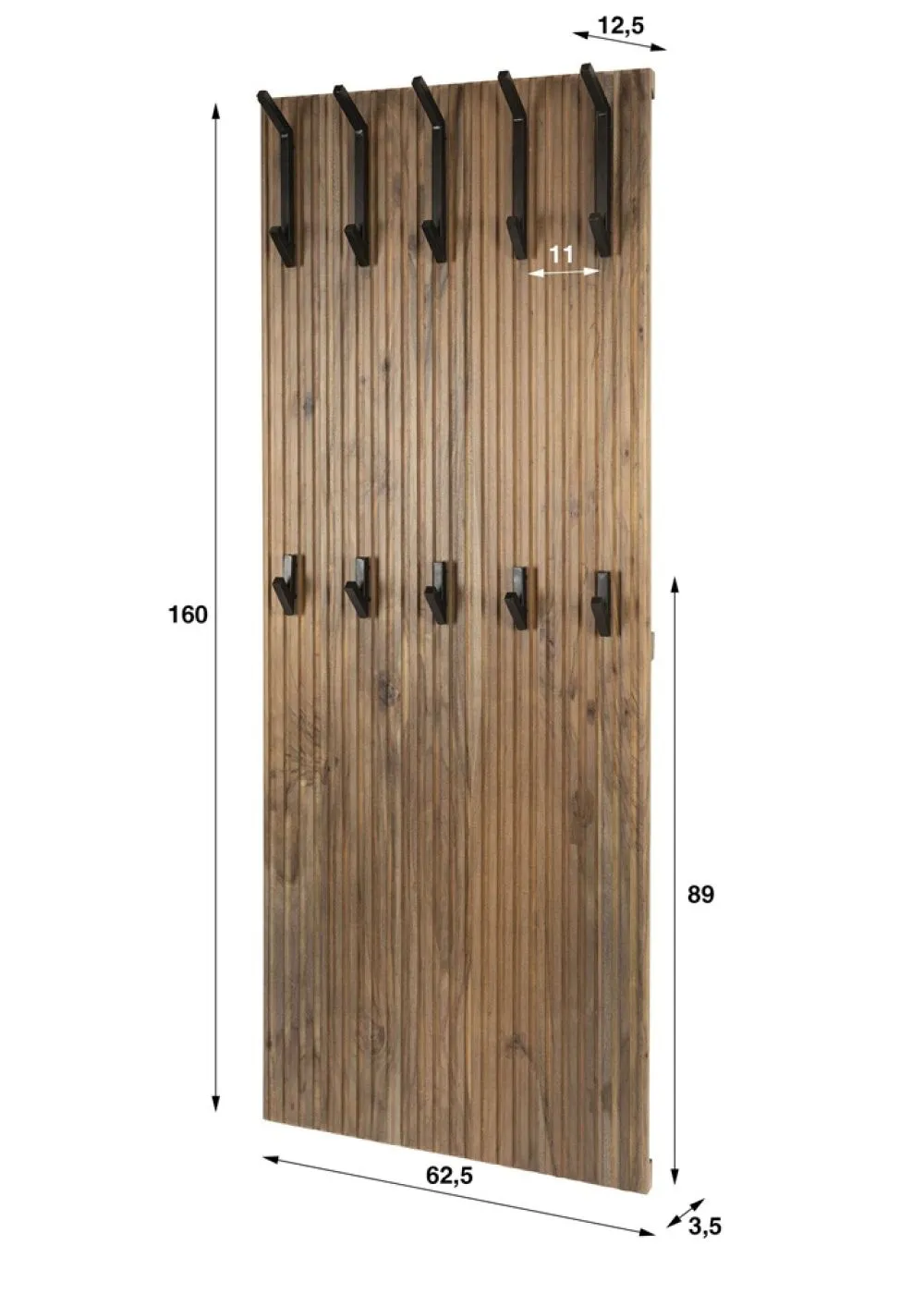Wandgarderobe Garderobenpaneel Björn | 10 Haken | Akazie massiv | braun