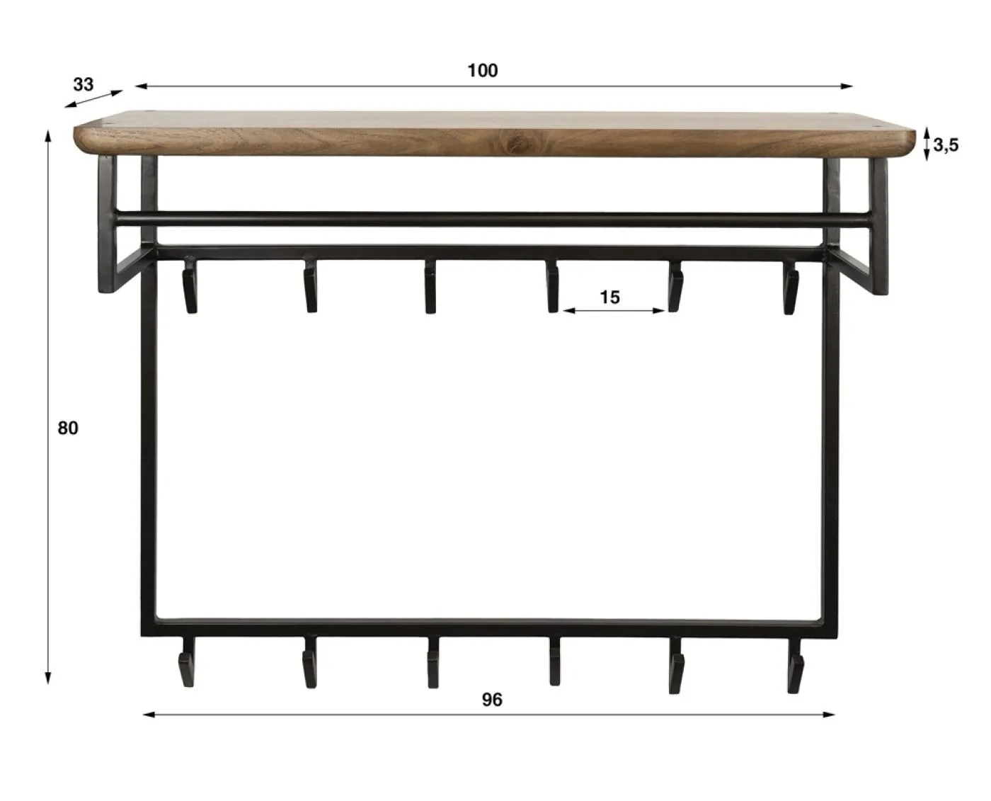 Wandgarderobe Garderobenpaneel Kes 3 mit Hutablage & 6 Haken | Akazie massiv | braun