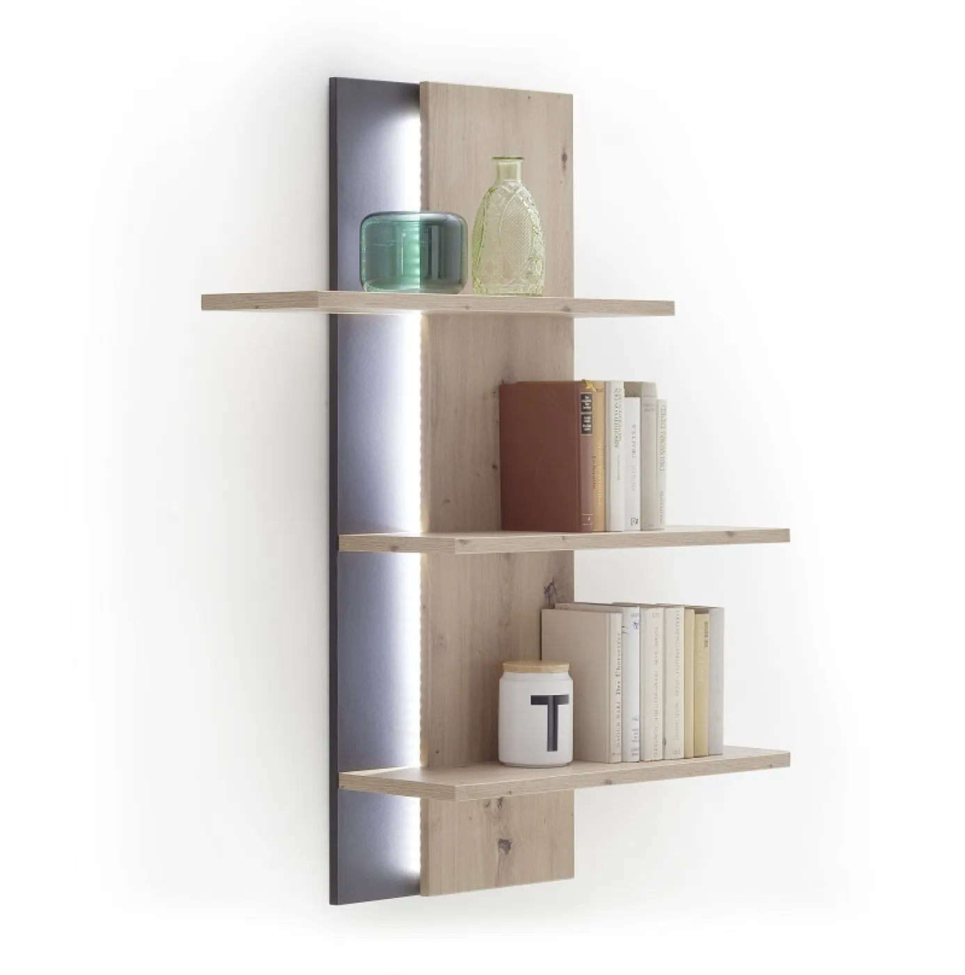 Wandregal Buenos Aires | Balkeneiche | LED Beleuchtung mit 1-er Set LED Bandbeleuchung