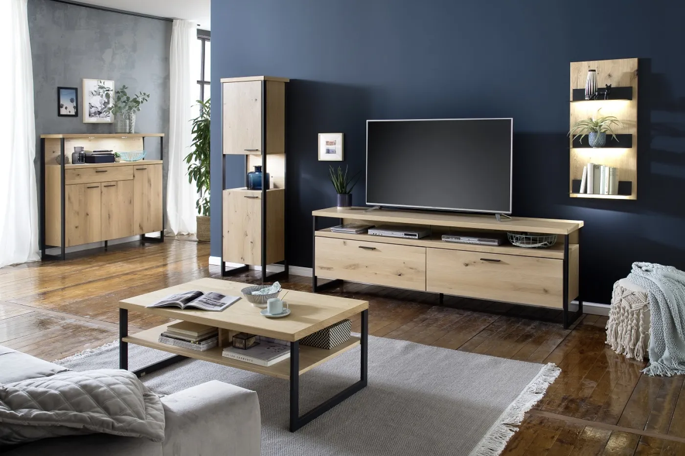 Wandregal Salerno 2 | Balkeneiche Bianco | LED Beleuchtung mit Beleuchtung