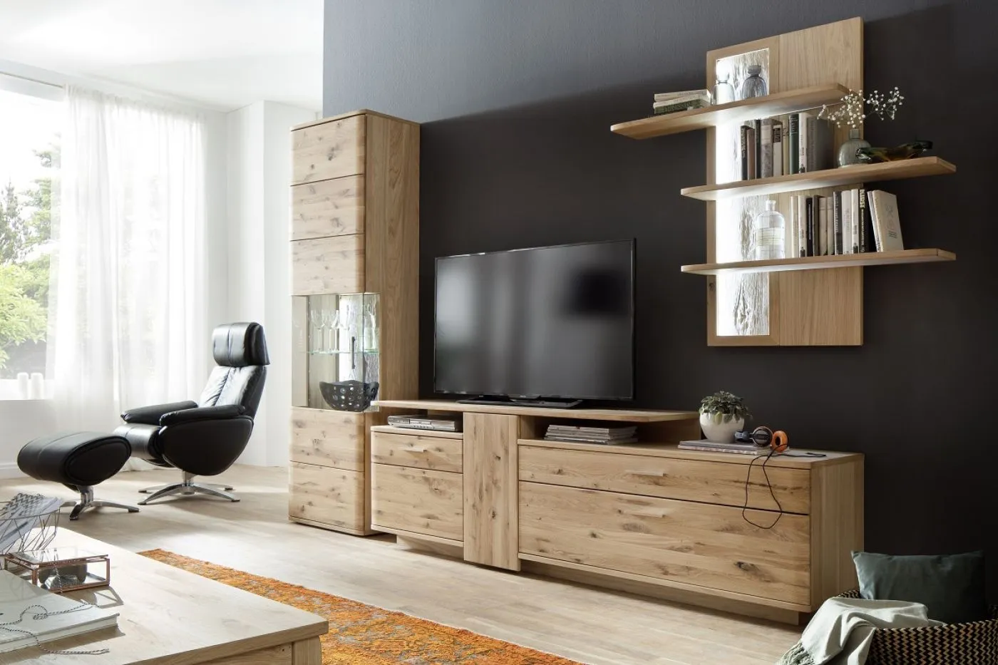 Wandregal Santori | Eiche Bianco | LED Beleuchtung mit 2er Set LED Band 100 cm