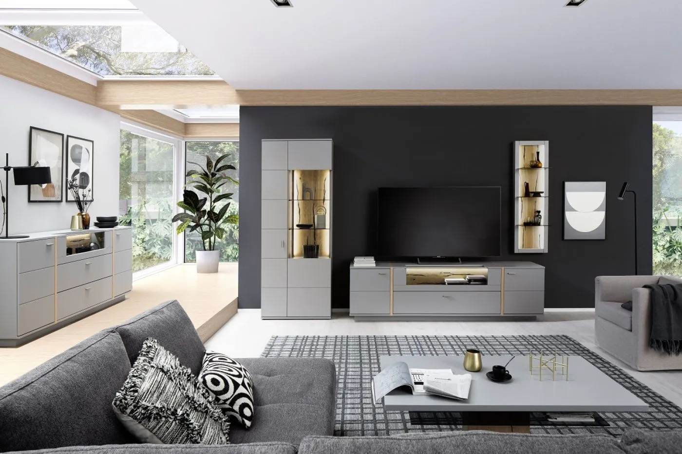 Wandregal Sevilla | Arktis grau | LED Beleuchtung mit 2er Set LED Band 125 cm