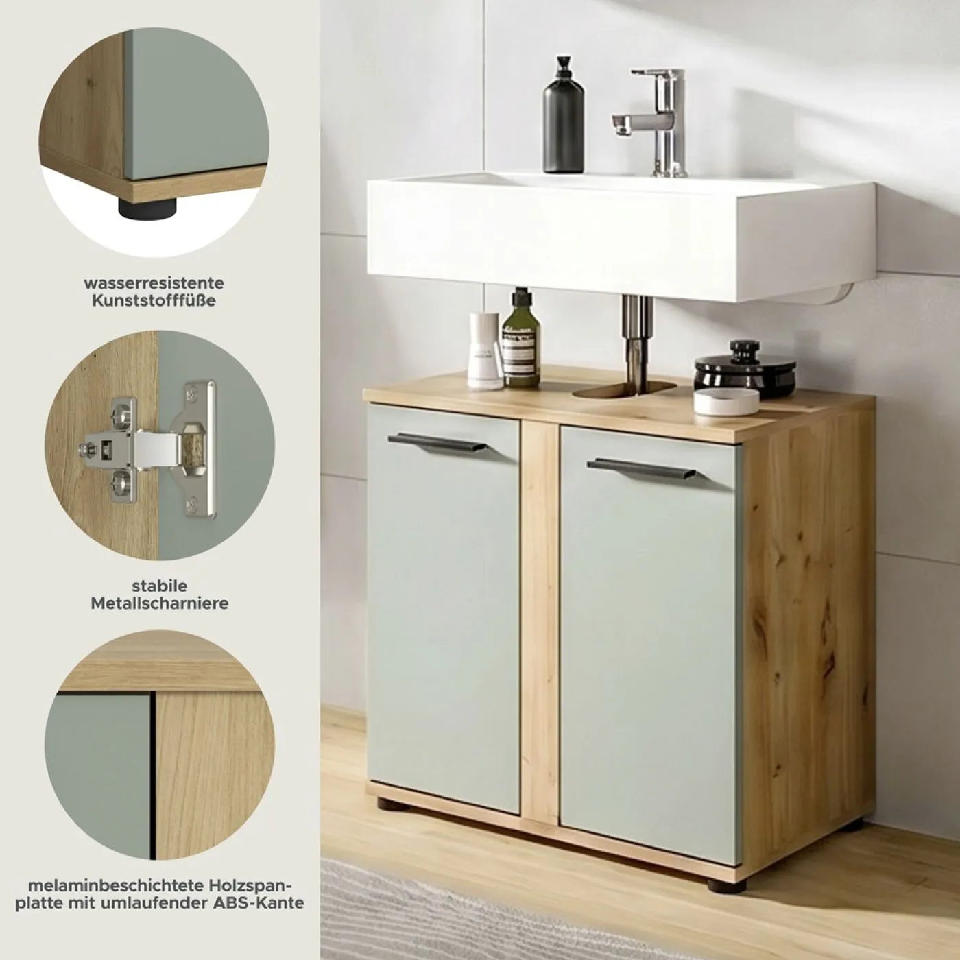 Waschbeckenunterschrank Blake | Salbei / Artisan Eiche
