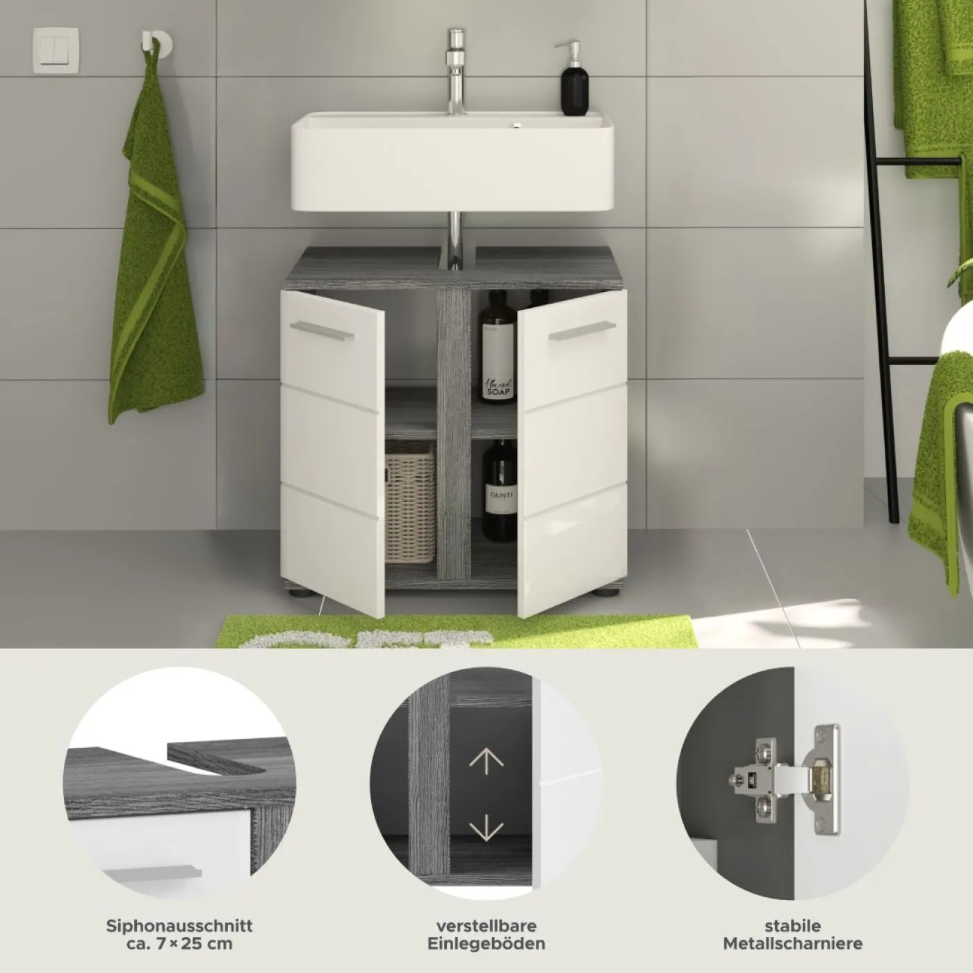 Waschbeckenunterschrank Blake | weiß Hochglanz / Rauchsilber