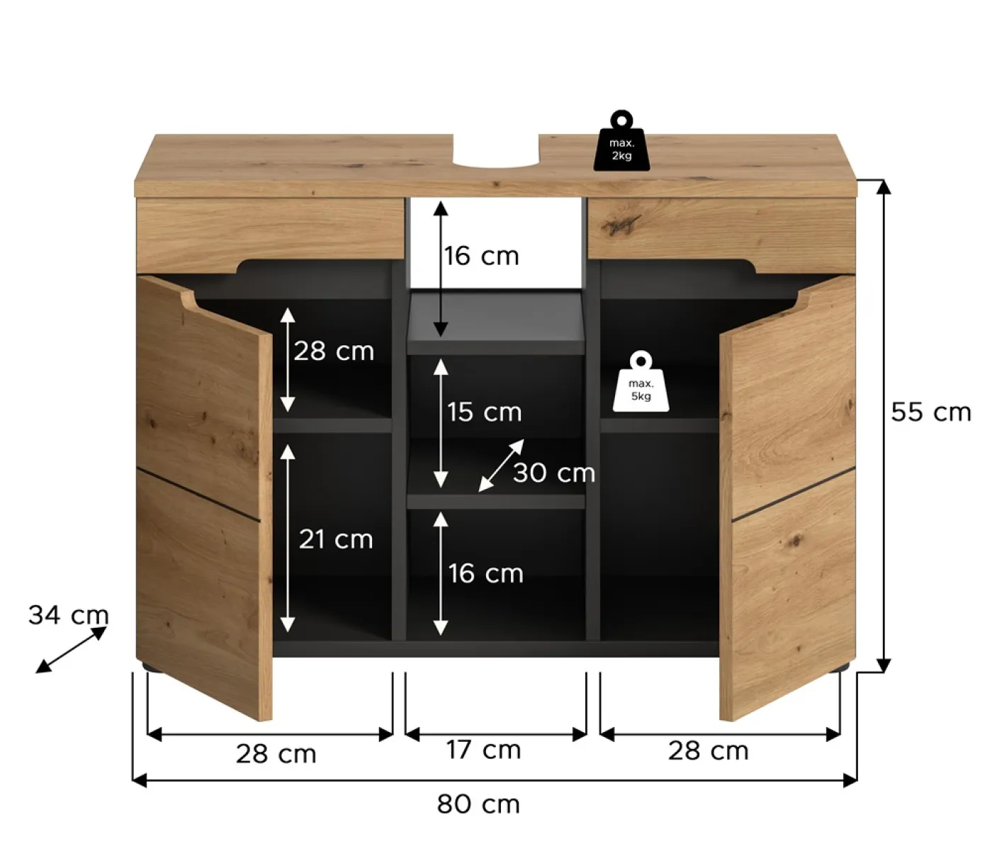 Waschbeckenunterschrank breit Canu | Artisan Eiche / Basalt grau
