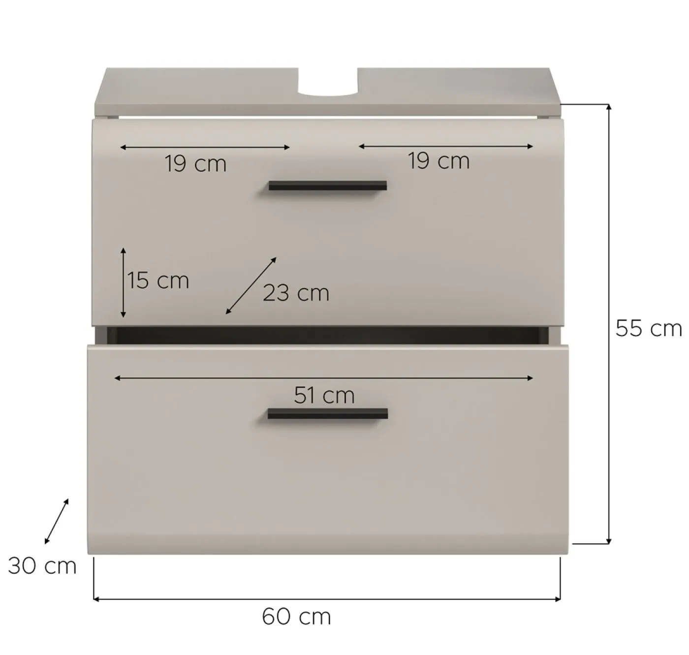 Waschbeckenunterschrank Ice, Kaschmir matt, Waschbecken mit Unterschrank, 2 Schubkästen, Griffmulden – Ansicht 5