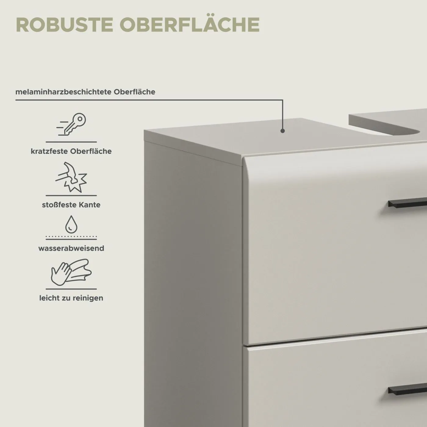 Waschbeckenunterschrank Ice, Kaschmir matt, Waschbecken mit Unterschrank, 2 Schubkästen, Griffmulden – Ansicht 8