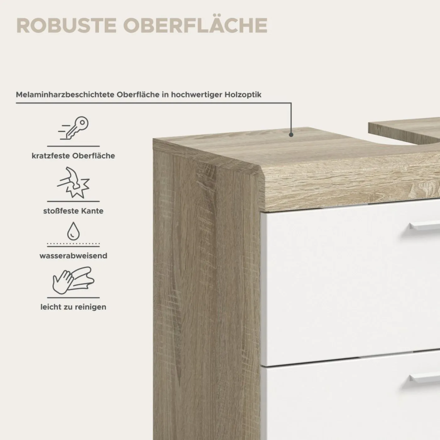 Waschbeckenunterschrank Lambada | mit Schubkästen | weiß Hochglanz / Sonoma Eiche