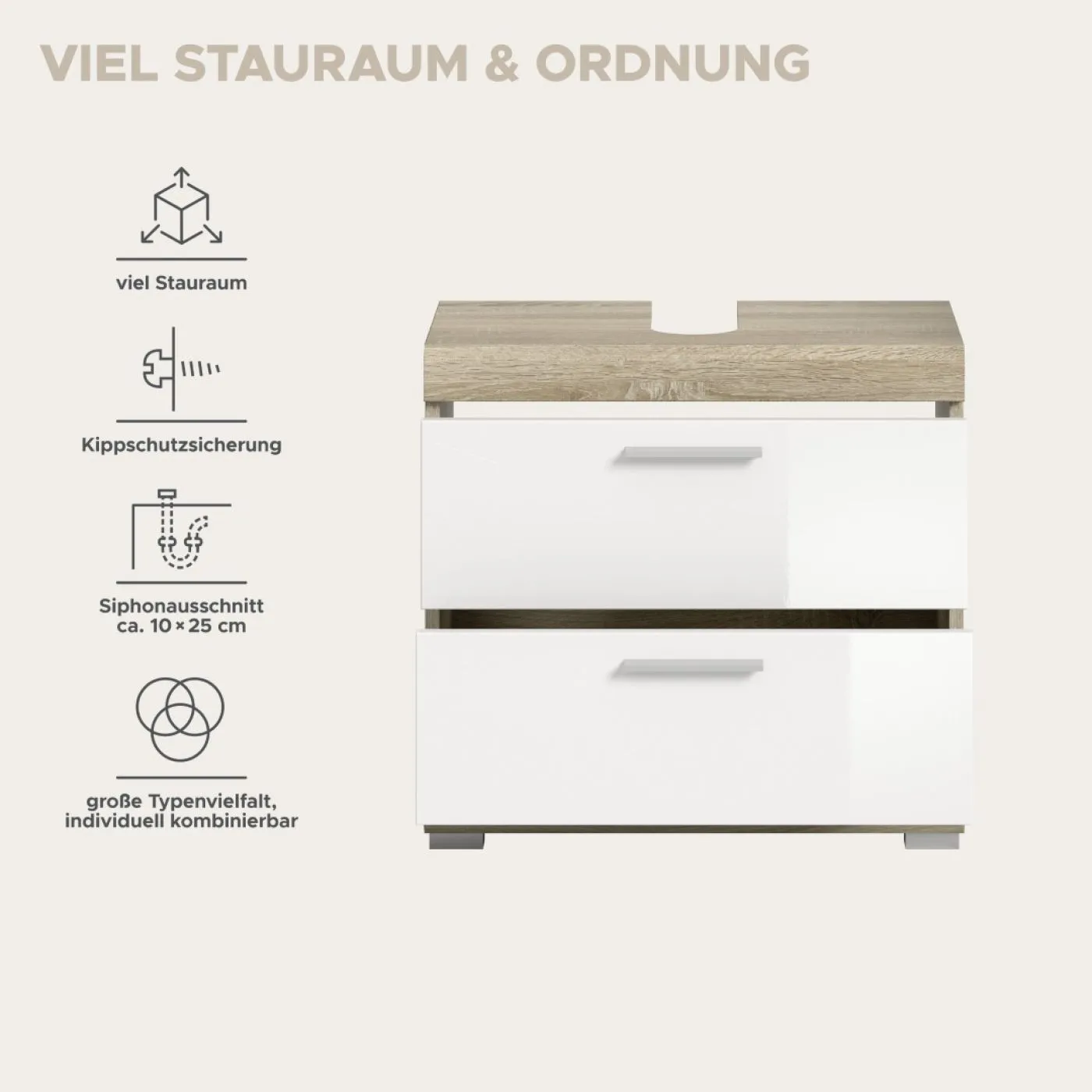 Waschbeckenunterschrank Lambada | mit Schubkästen | weiß Hochglanz / Sonoma Eiche