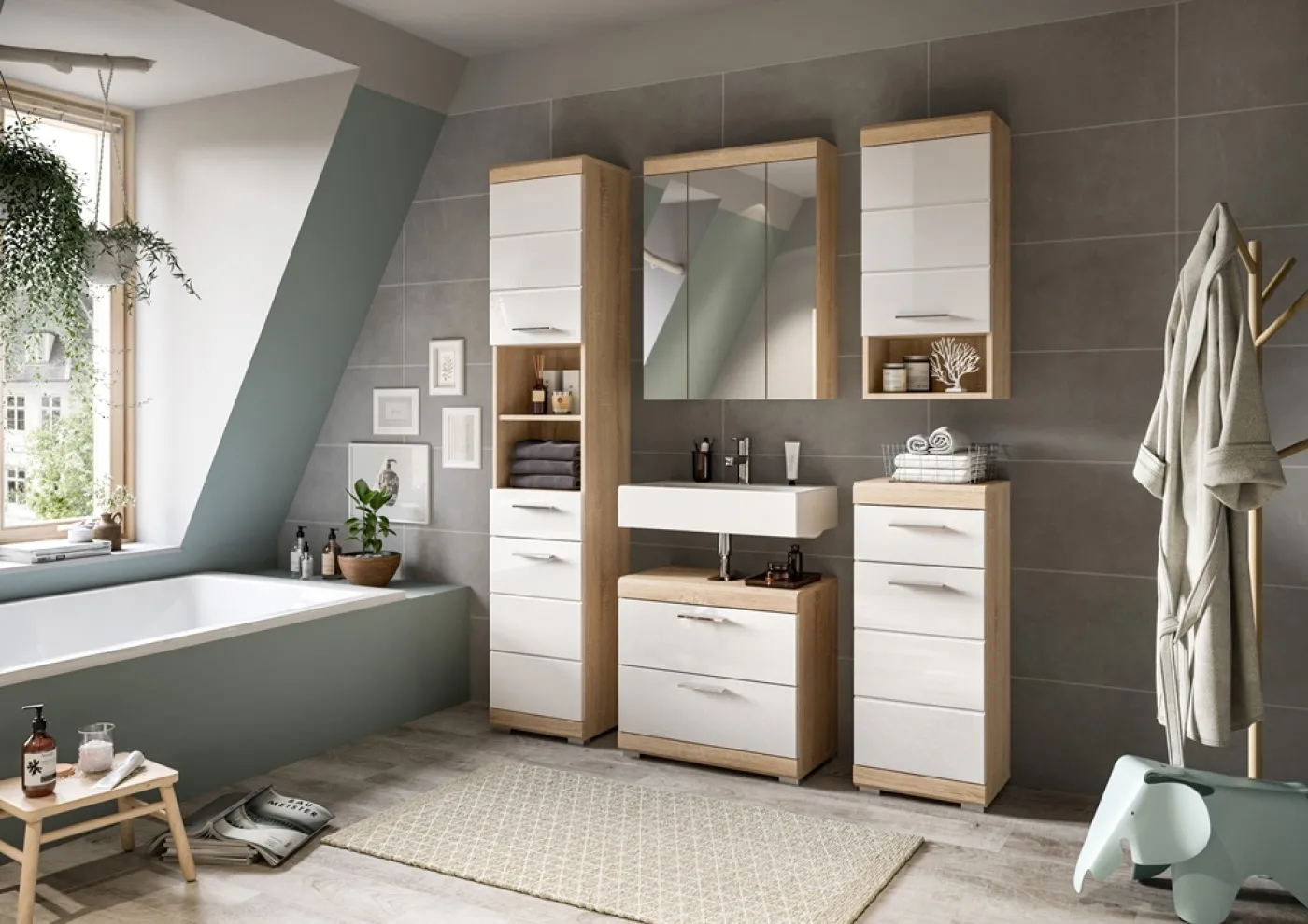 Waschbeckenunterschrank Lambada | mit Schubkästen | weiß Hochglanz / Sonoma Eiche