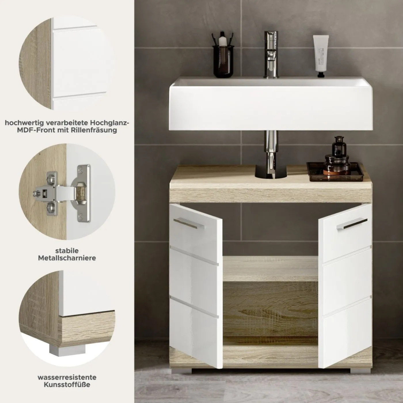 Waschbeckenunterschrank Lambada | weiß Hochglanz / Sonoma Eiche hell