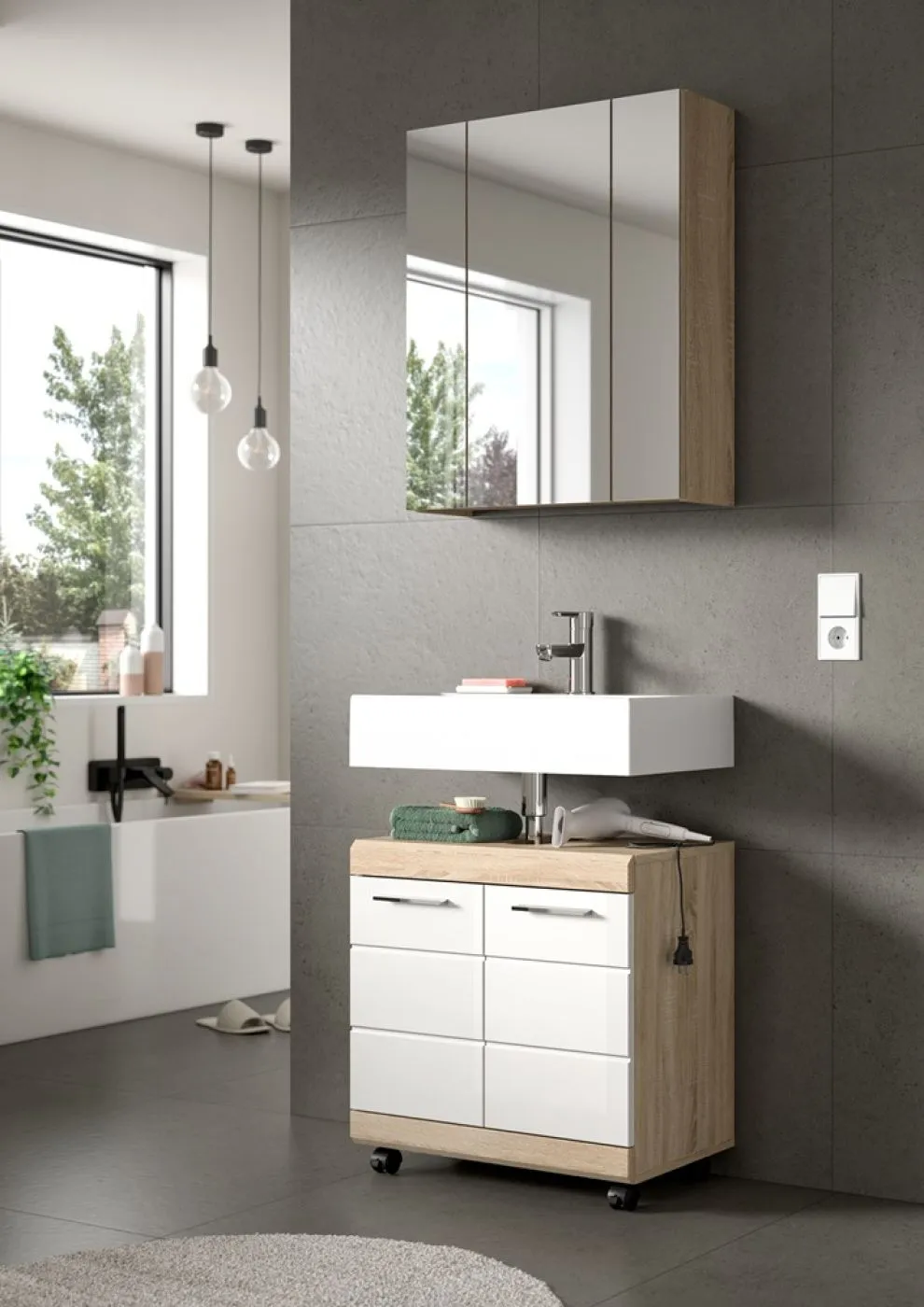 Waschbeckenunterschrank Lambada 1 | weiß Hochglanz / Sonoma Eiche hell