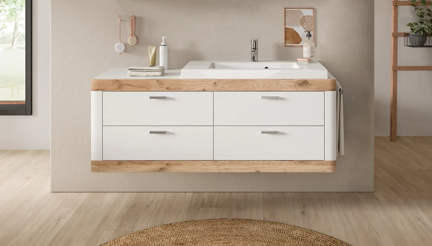 Waschbeckenunterschrank Laredo | inkl. Waschbecken | weiß / Nox Oak