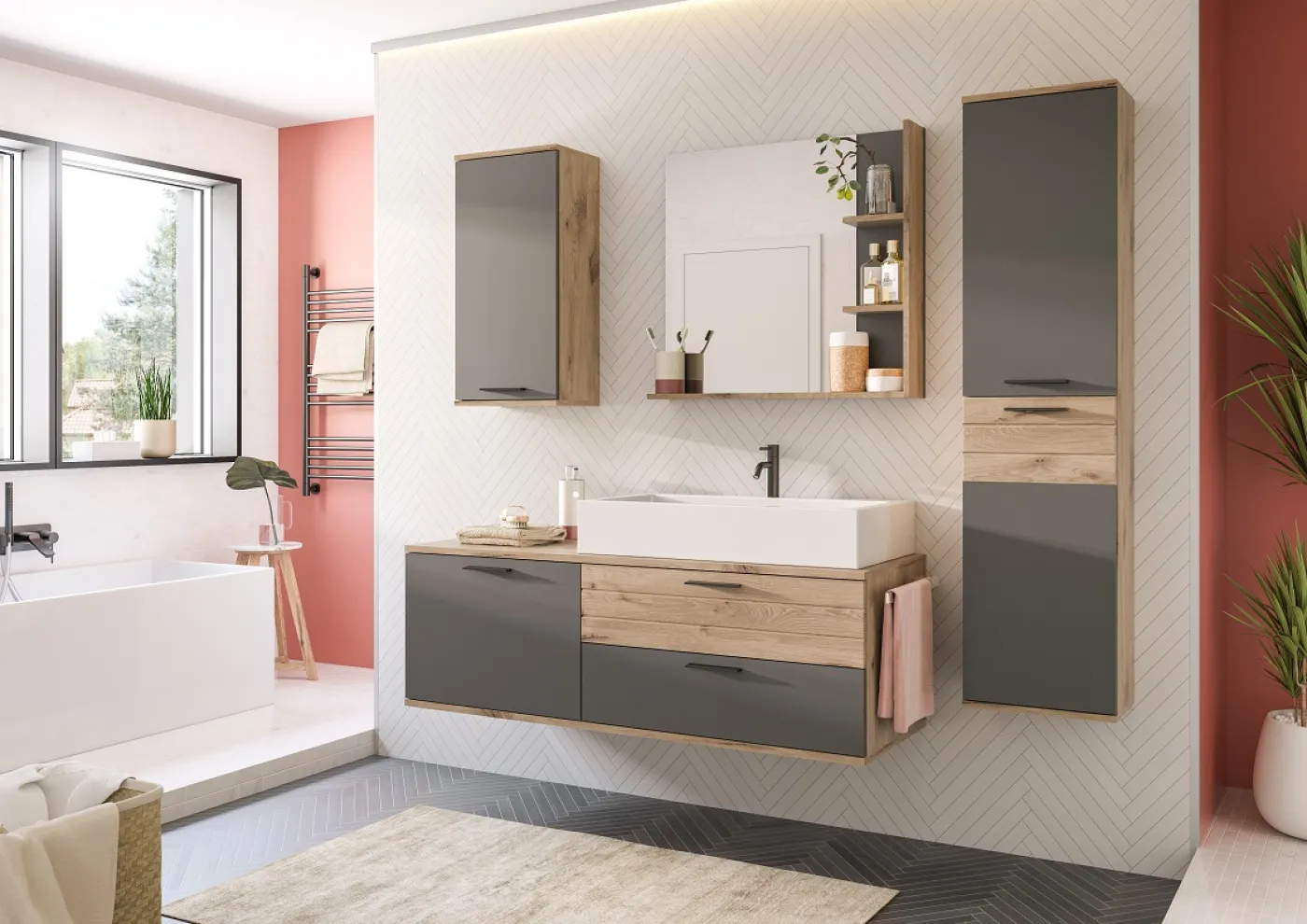 Waschbeckenunterschrank Mason | inkl.Waschbecken | Nox Oak / Basalt grau