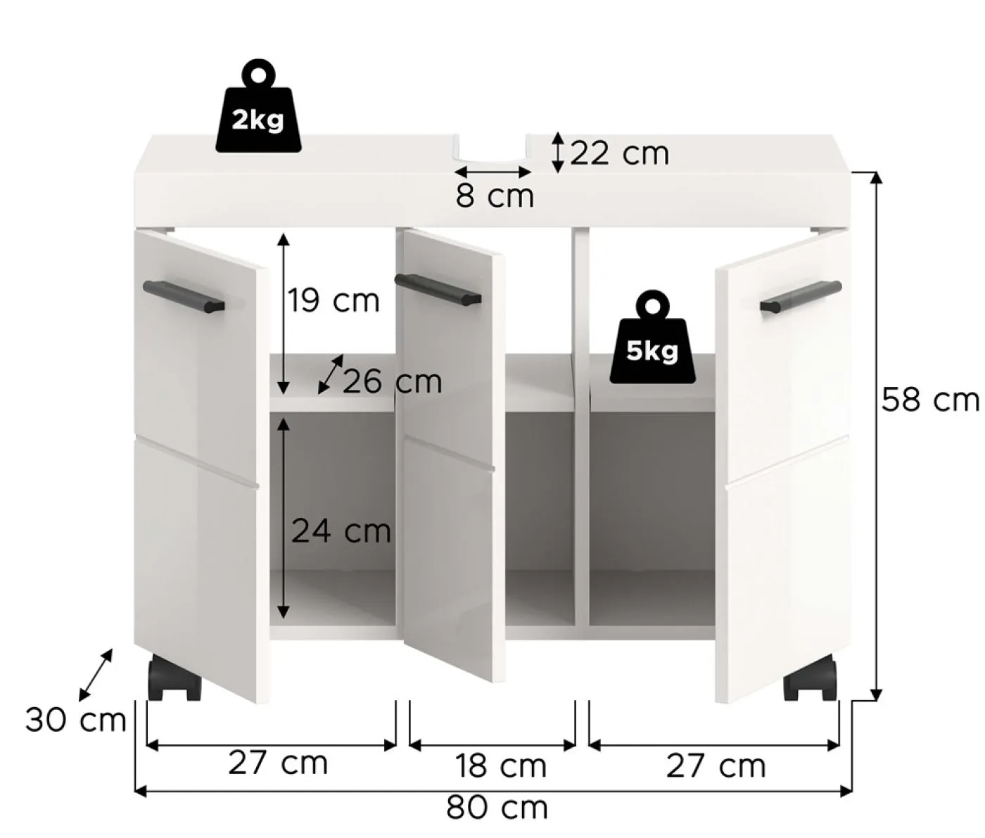 Waschbeckenunterschrank Nova | mit 3 Türen | weiß Hochglanz