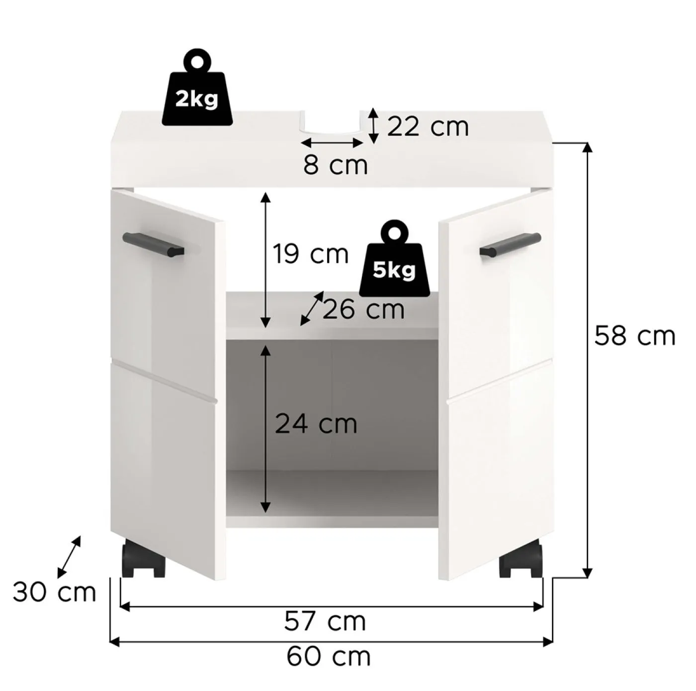 Waschbeckenunterschrank Nova | mit Türen | weiß Hochglanz