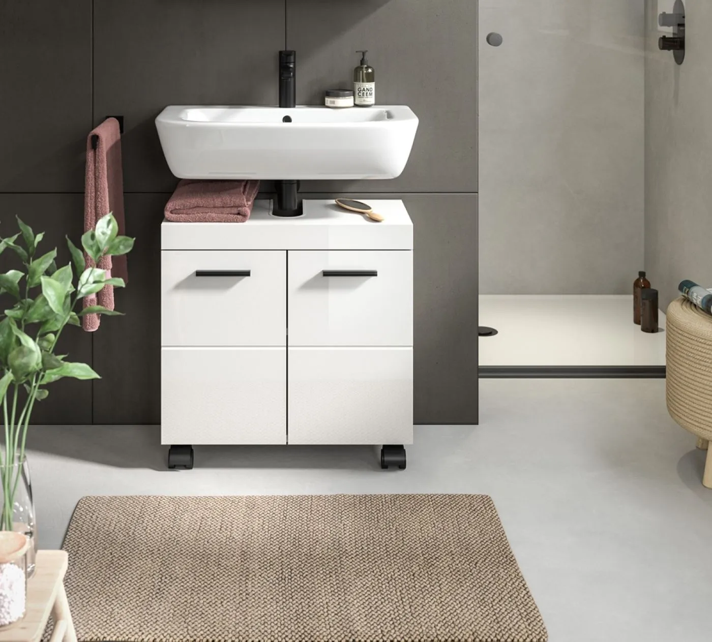 Waschbeckenunterschrank Nova | mit Türen | weiß Hochglanz