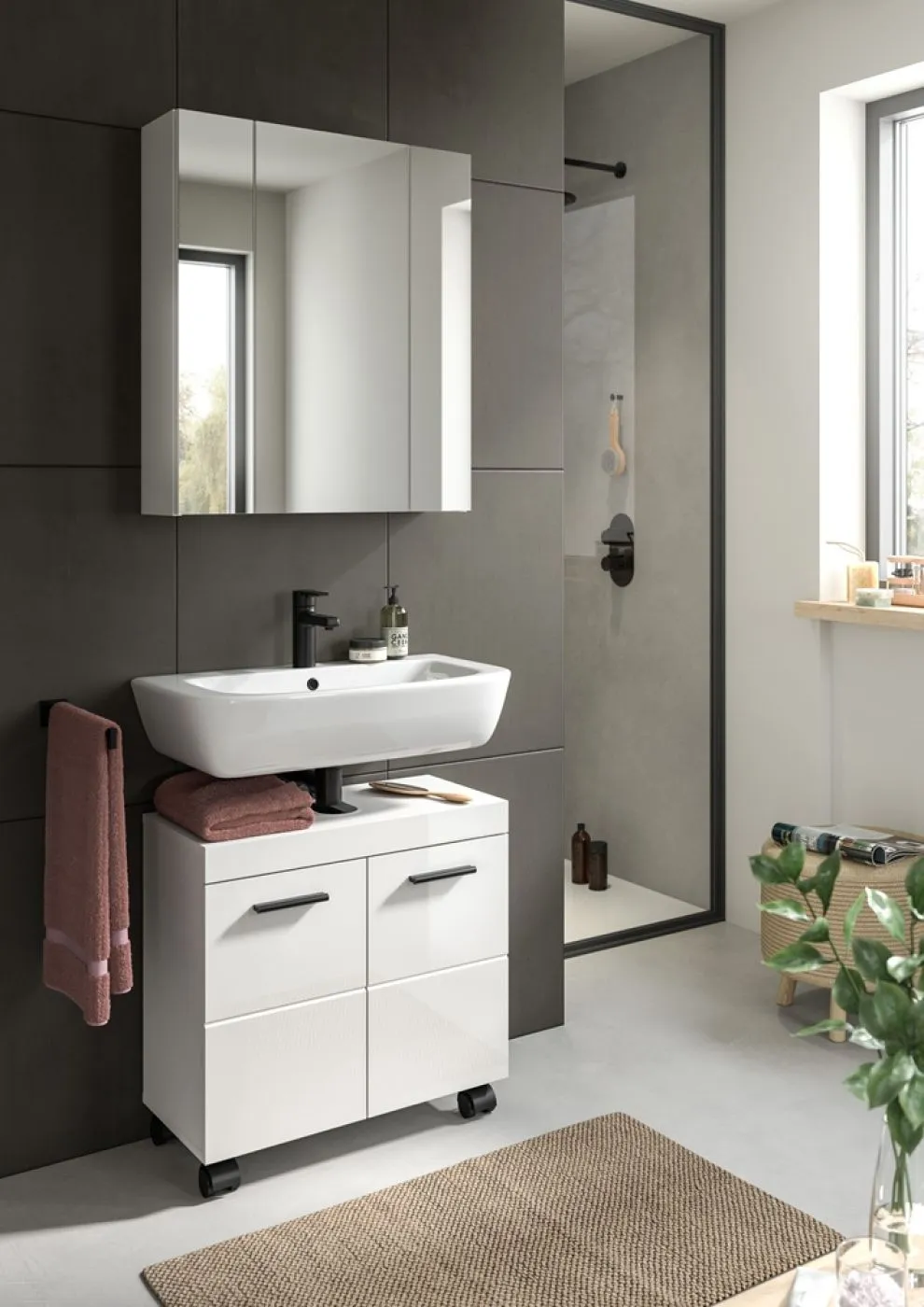 Waschbeckenunterschrank Nova | mit Türen | weiß Hochglanz