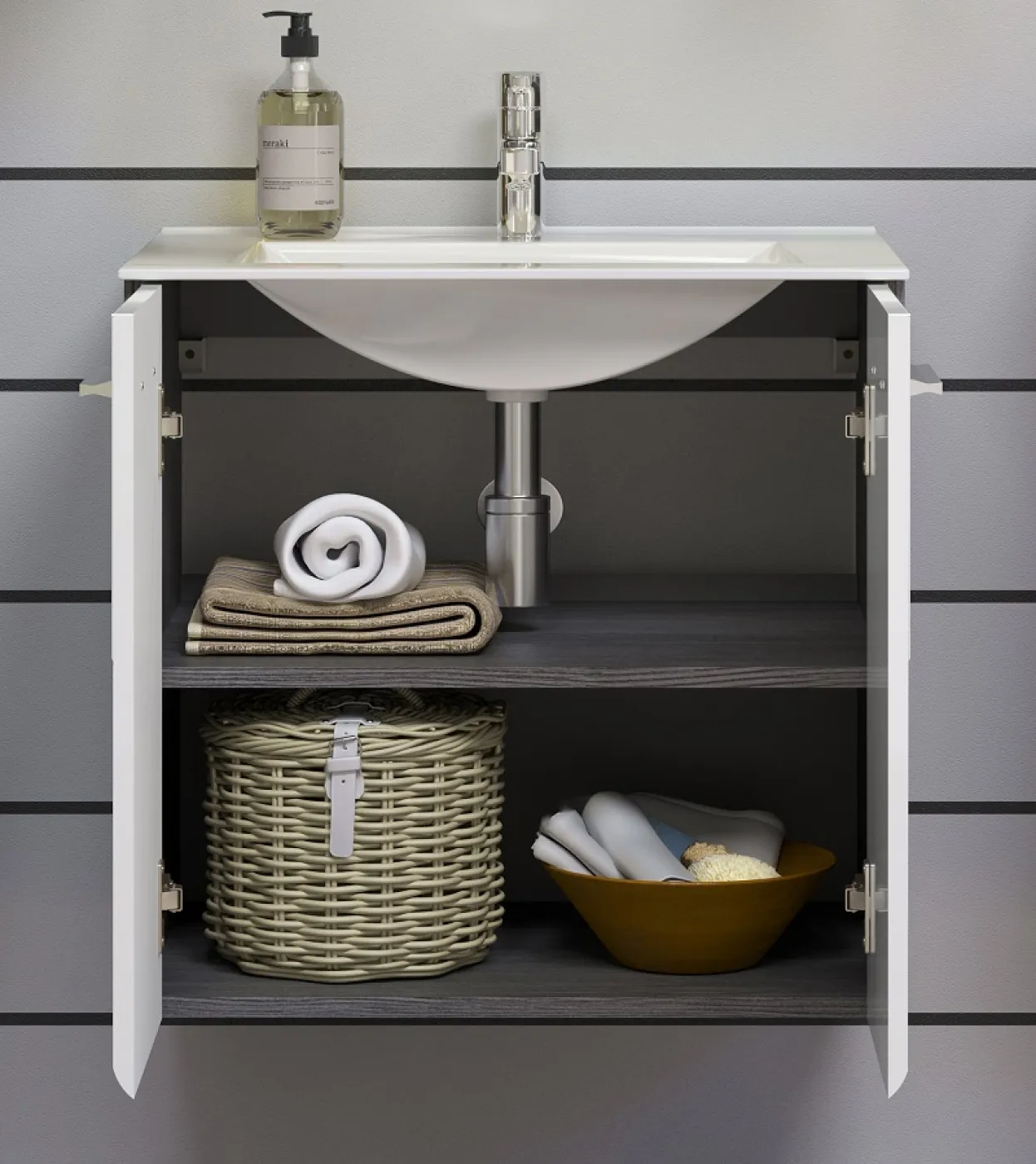 Waschbeckenunterschrank Riva | inkl.Waschbecken | weiß / rauchsilber