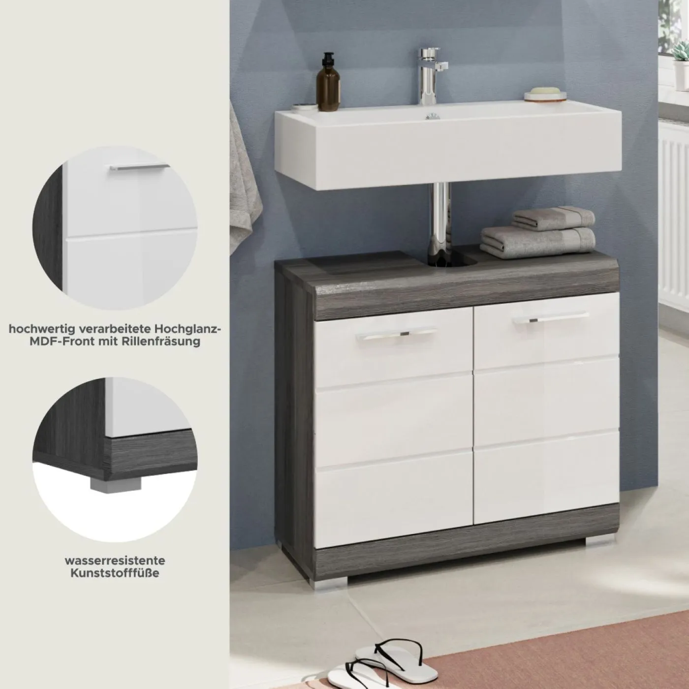 Waschbeckenunterschrank Scout 2 | weiß Hochglanz / rauchsilber