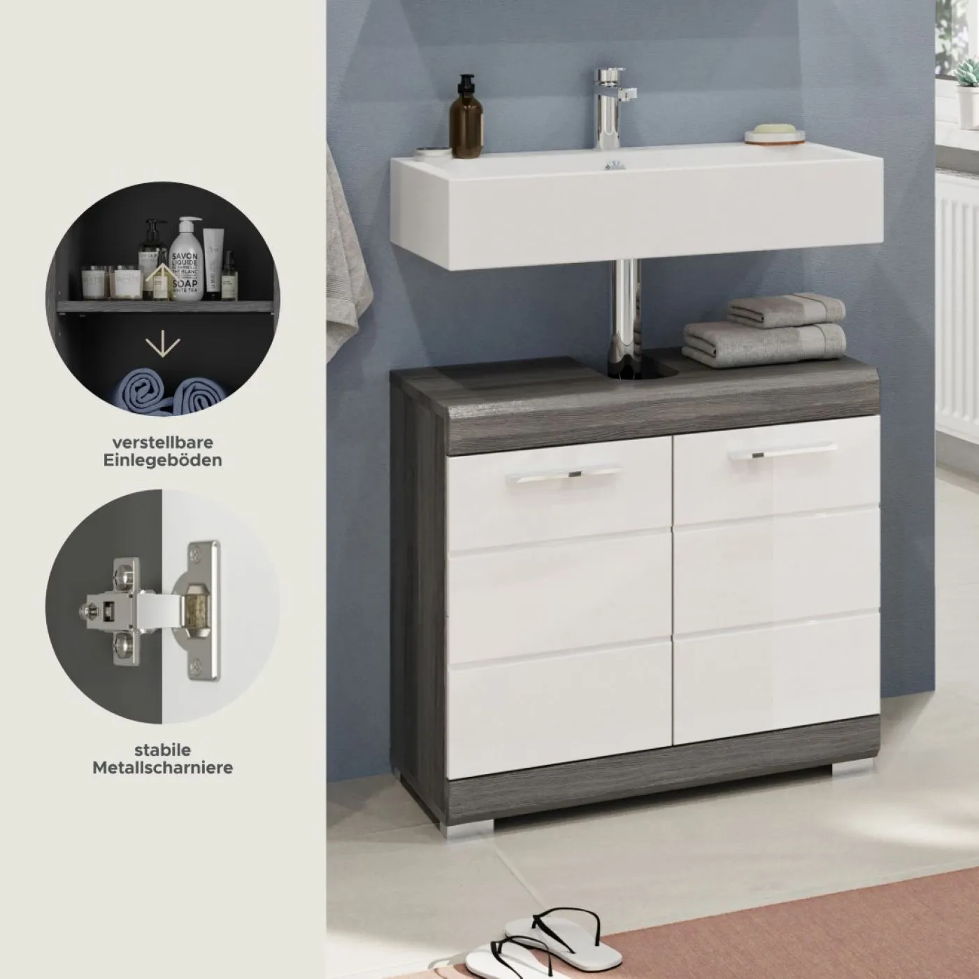 Waschbeckenunterschrank Scout 2 | weiß Hochglanz / rauchsilber
