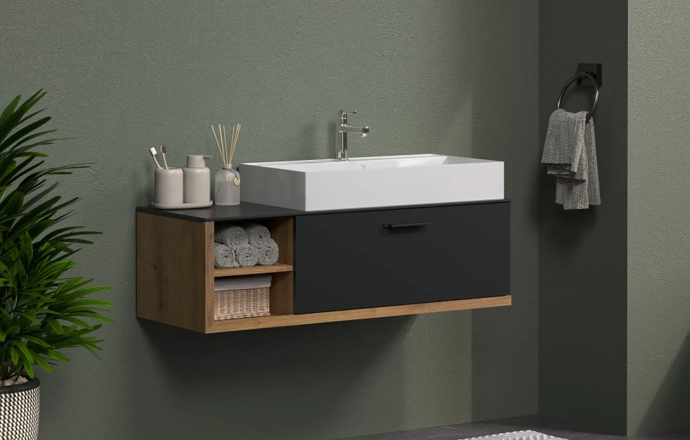 Waschbeckenunterschrank Synnax | inkl.Waschbecken | anthrazit grau / Evoke Eiche