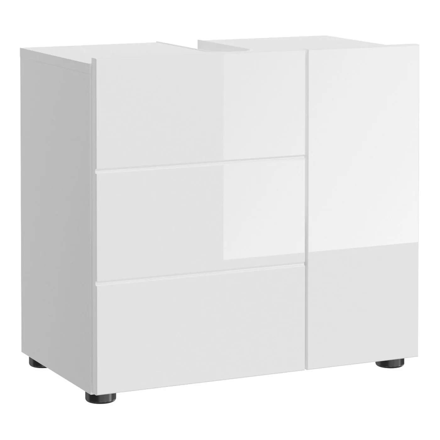 Waschbeckenunterschrank Vira, weiß Hochglanz, Waschtisch mit Unterschrank und Spiegelablage, offene Fächer – Ansicht 7