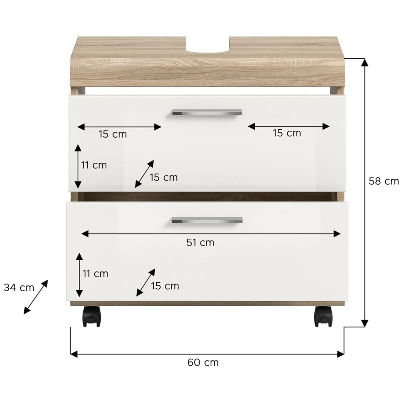 Waschtisch Lambada 1 | mit Schubkästen | weiß Hochglanz / Sonoma Eiche