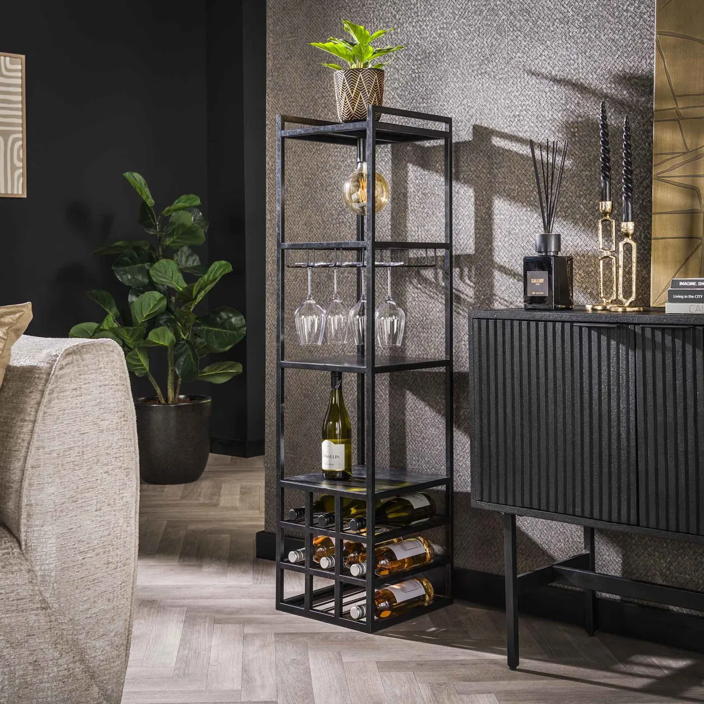 Weinregal Talina | Metall | mit Beleuchtung | dunkelgrau