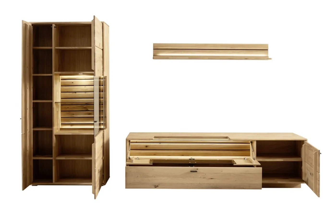 Wohnkombination 2 Girona | Ast / Balkeneiche | 3-teilig | mit Beleuchtung Vitrine & TV-Board
