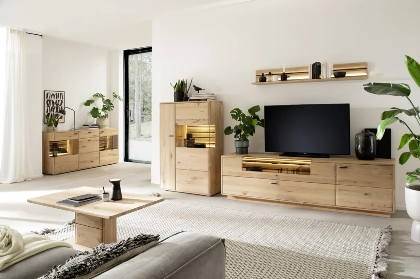 Wohnkombination 3 Girona | Ast / Balkeneiche | 3-teilig | Beleuchtung Komplettset