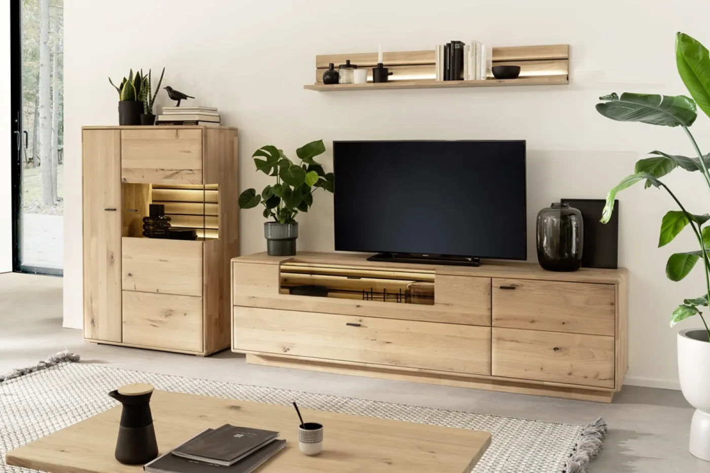 Wohnkombination 3 Girona | Ast / Balkeneiche | 3-teilig | mit Beleuchtung für Highgboard & TV-Board