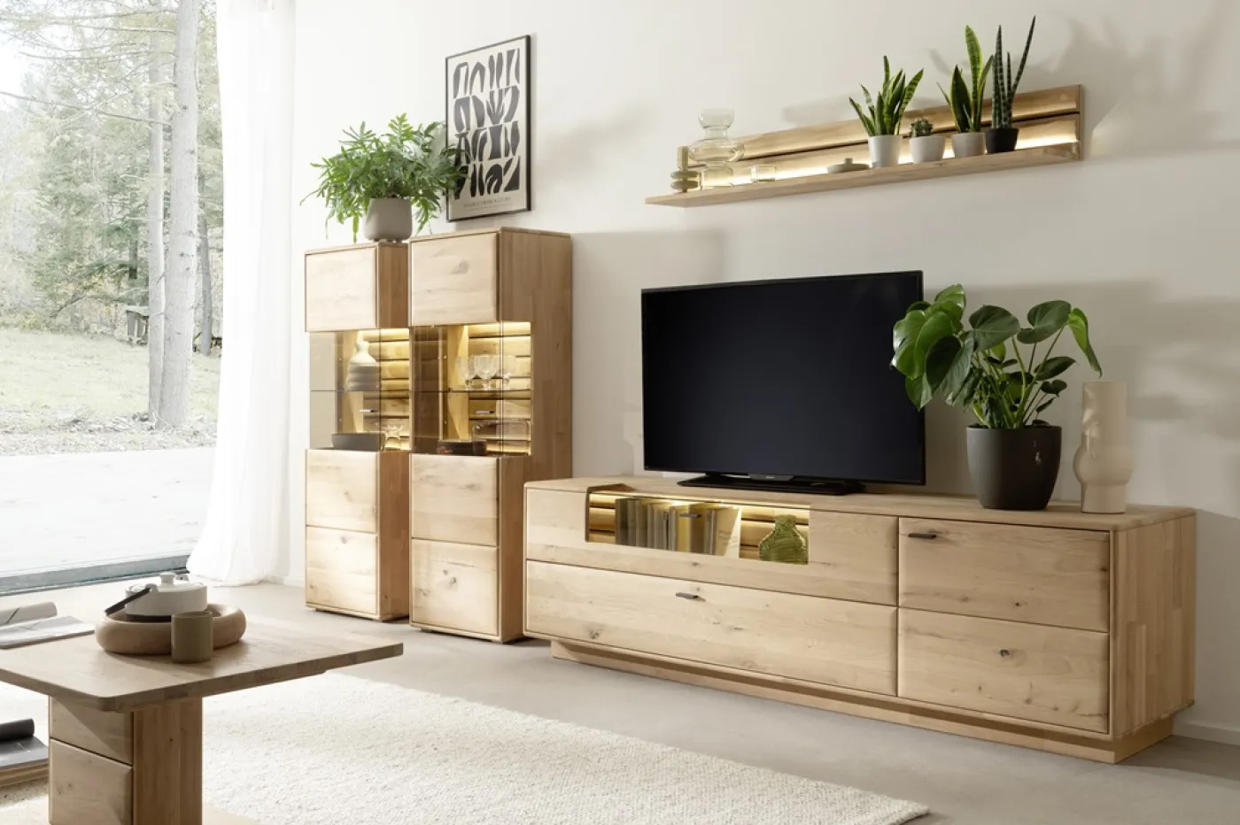 Wohnkombination 4 Girona | Ast / Balkeneiche | 3-teilig | Beleuchtung Highboard & TV-Board
