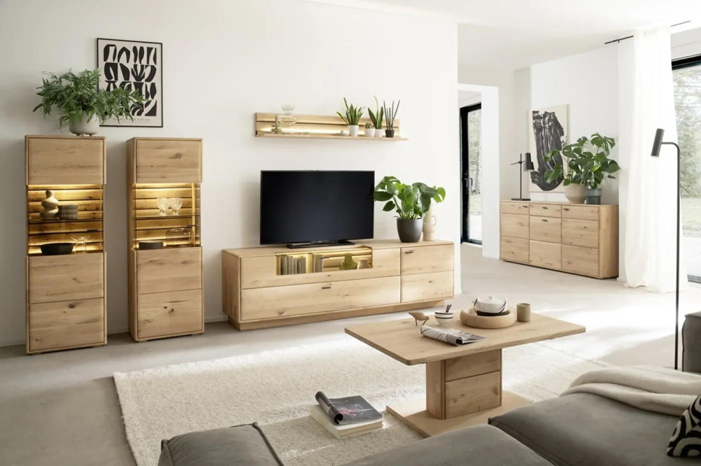 Wohnkombination 4 Girona | Ast / Balkeneiche | 3-teilig | Beleuchtung Highboard & TV-Board