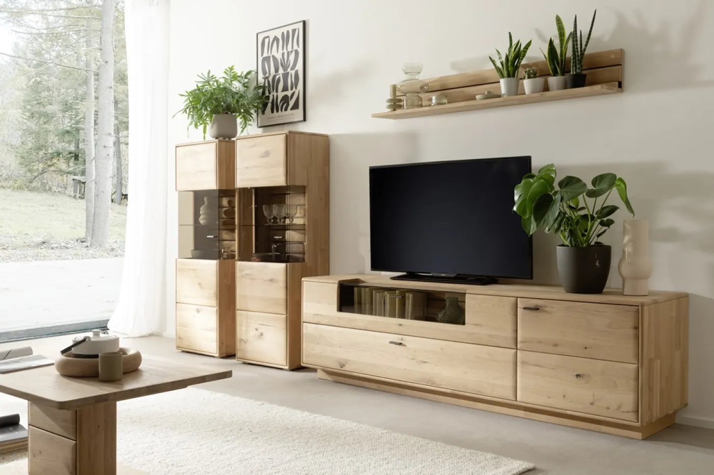 Wohnkombination 4 Girona | Ast / Balkeneiche | 3-teilig | Beleuchtung Highboard & Wandboard