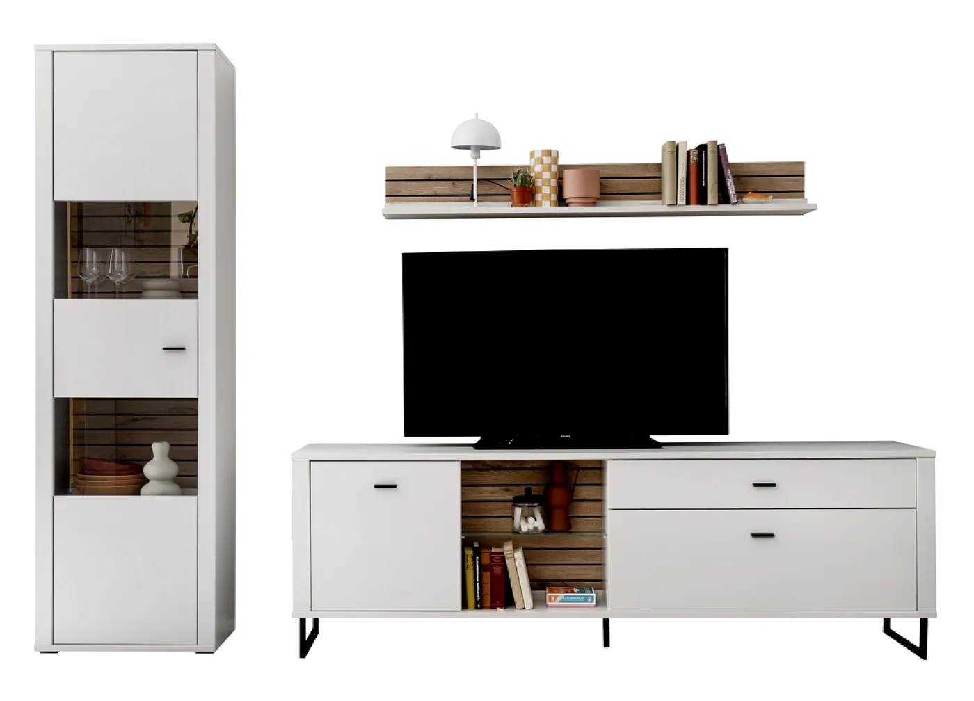 Wohnkombination 4 Louisiana | Modern White | 3-teilig | Vitrine & TV-Board mit Beleuchtung