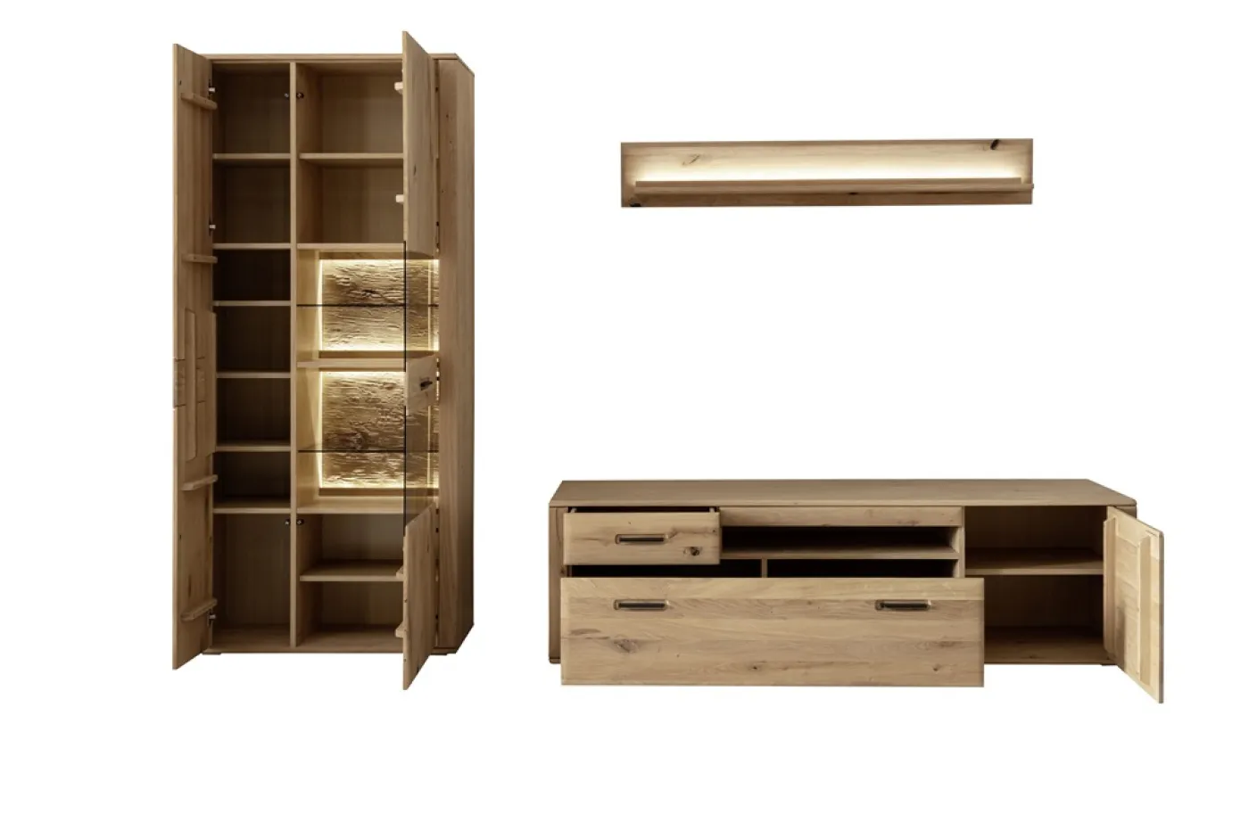 Wohnkombination Alento 2 | Asteiche / Balkeneiche | 3-teilig | Beleuchtung Komplettset